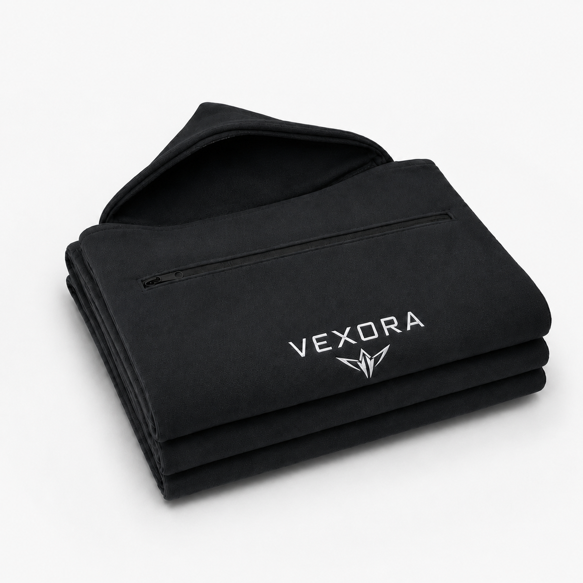 Vexora — Toalla deportiva con capucha, color negro, plegada con bolsillo con cremallera