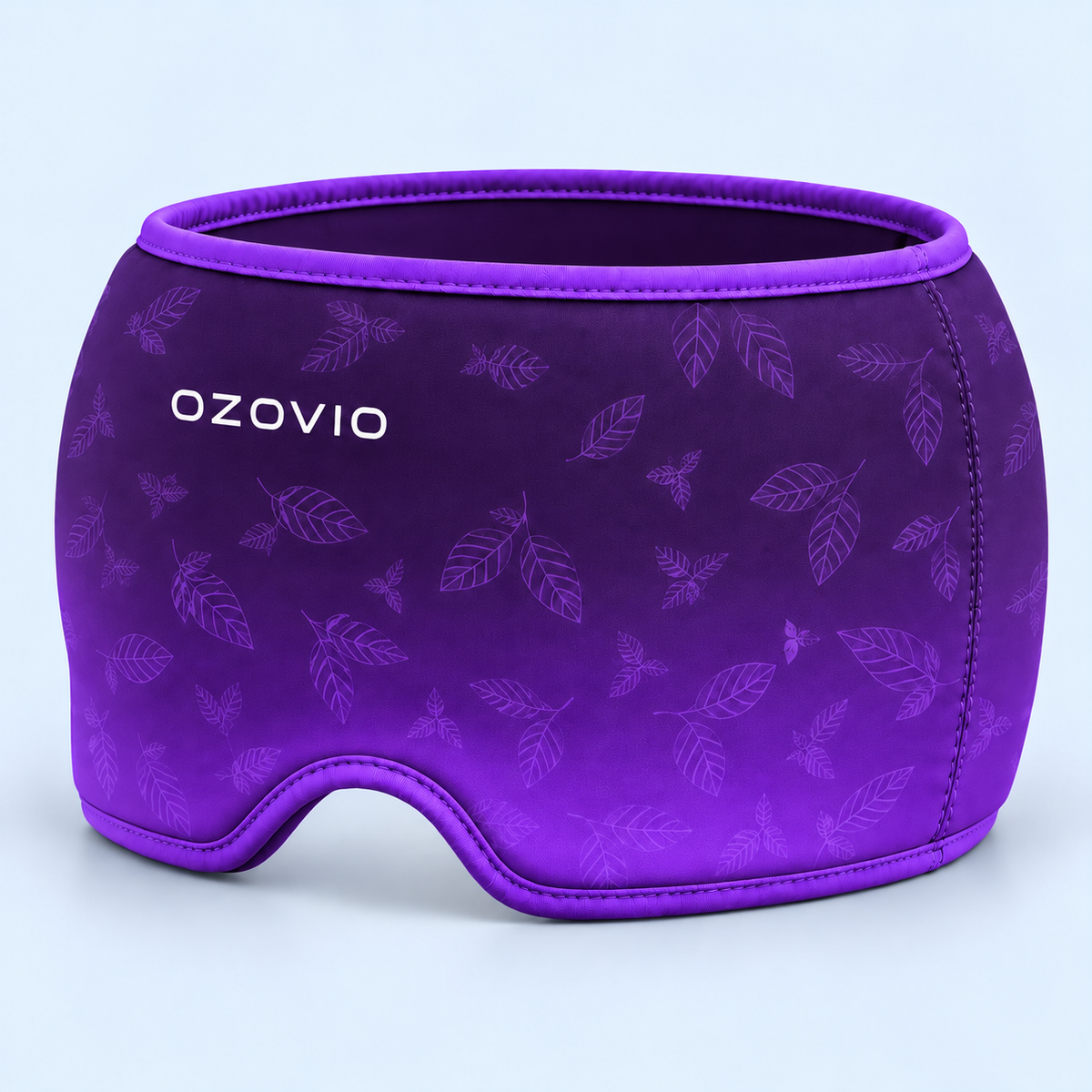 Máscara antimigraña OZOVIO en color morado, con el estampado de hojas en relieve